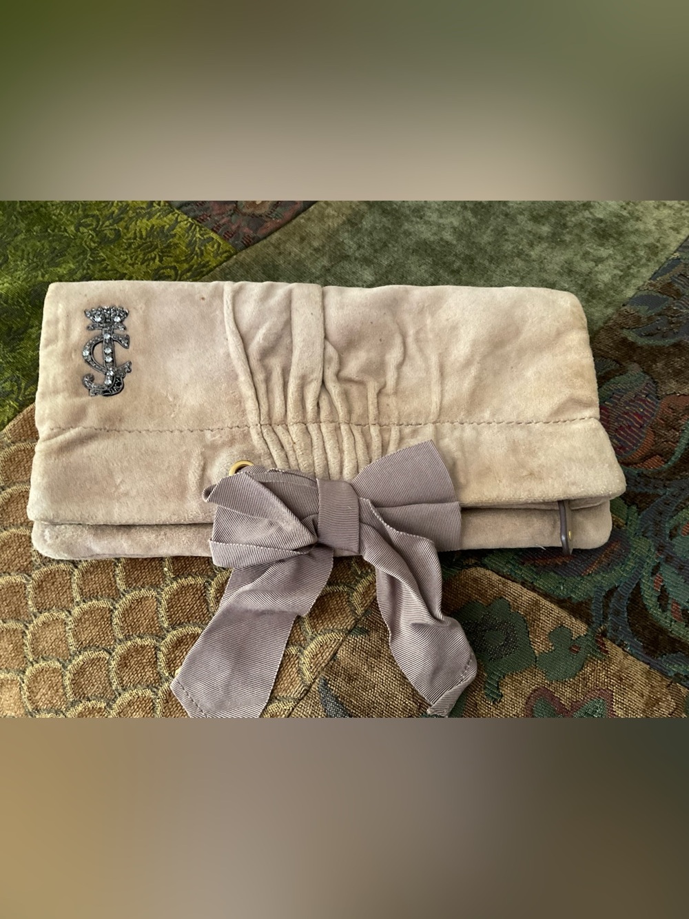 Y2K Women's Suede Clutch with Bow Accent in Taupe